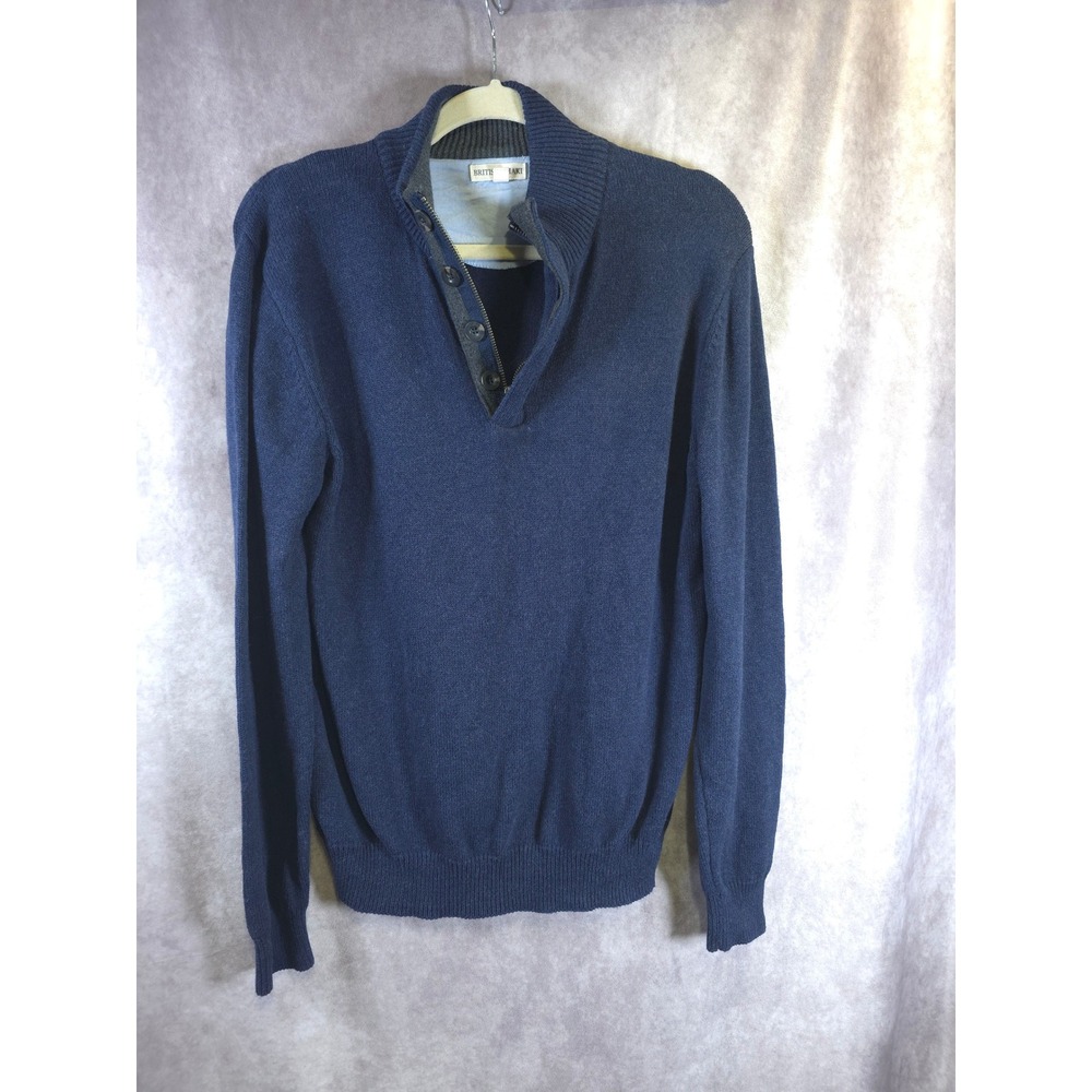 British Khaki‎ Mens Sweater Medium Blue 1/4 Zip Button Up Knit Pullover